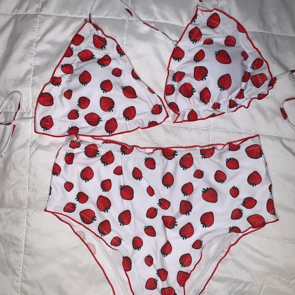 Strawberry string bikini top high waisted bottoms